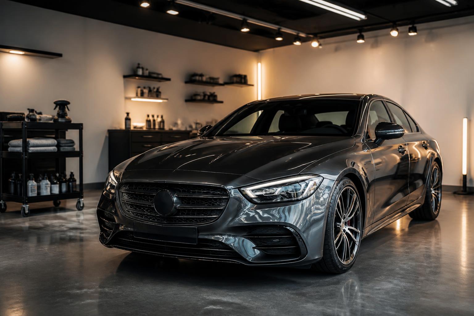 Polished luxury sedan in a premium detailing studio